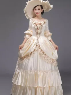 Light Sky Blue Retro Tudor Dress Costumes Lace Polyester Hat Women's Marie Antoinette Costume Royal Tunic Masquerade Ball Gown