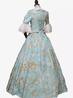 Light Sky Blue Retro Tudor Dress Costumes Bows Polyester Floral Print Dress Women's Marie Antoinette Costume Royal Tunic Masquerade Ball Gown