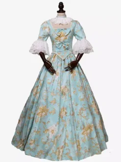 Light Sky Blue Retro Tudor Dress Costumes Bows Polyester Floral Print Dress Women's Marie Antoinette Costume Royal Tunic Masquerade Ball Gown