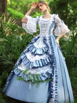 Light Sky Blue Retro Tudor Dress Costumes Women's Ruffles Polyester Marie Antoinette Costume Dress Euro-Style Vintage Clothing