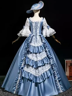 Light Sky Blue Retro Tudor Dress Costumes Women's Ruffles Polyester Marie Antoinette Costume Dress Euro-Style Vintage Clothing