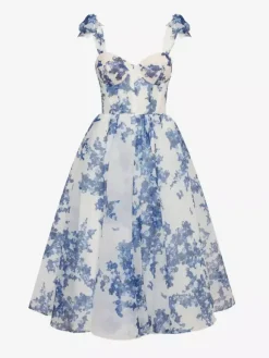 Light Sky Blue Corset Dress Tie Strap Floral A-Line Elegant Party Prom Midi Dresses