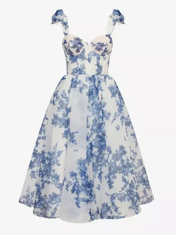 Light Sky Blue Corset Dress Tie Strap Floral A-Line Elegant Party Prom Midi Dresses