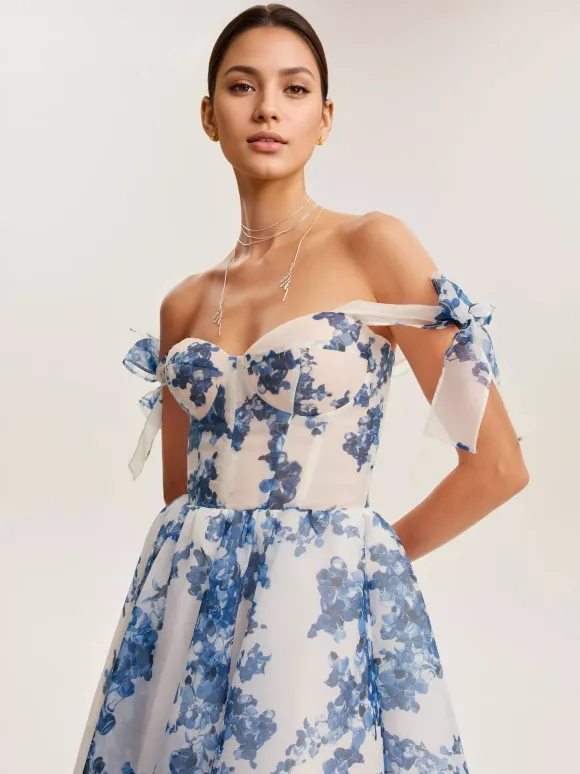 Light Sky Blue Corset Dress Tie Strap Floral A-Line Elegant Party Prom Midi Dresses