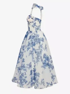 Light Sky Blue Corset Dress Tie Strap Floral A-Line Elegant Party Prom Midi Dresses