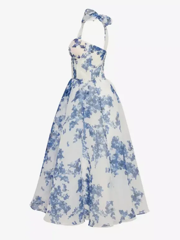 Light Sky Blue Corset Dress Tie Strap Floral A-Line Elegant Party Prom Midi Dresses
