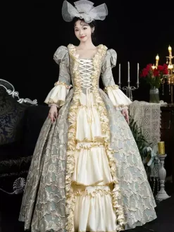 Light Sky Blue Retro Costumes Women's Lace Ruffles Polyester Headwear Dress Retro Marie Antoinette Costume Vintage Clothing