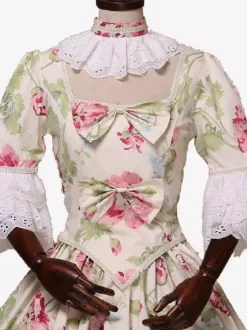 Light Apricot Retro Tudor Dress Costumes Women's Floral Print Bows Ruffles Marie Antoinette Costume Polyester Tunic Choker Dress Retro Vintage Clothing
