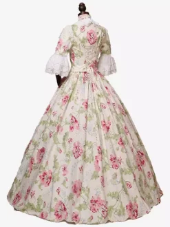 Light Apricot Retro Tudor Dress Costumes Women's Floral Print Bows Ruffles Marie Antoinette Costume Polyester Tunic Choker Dress Retro Vintage Clothing