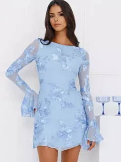Light Blue Flower Embroidered Dress With Bell Sleeves And Open Back For Fall 2026