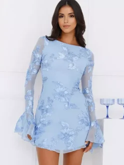 Light Blue Flower Embroidered Dress With Bell Sleeves And Open Back For Fall 2026