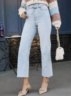 Light Blue Jeans For Women - Casual Tie Waist Raw Hem Straight Denim - Spring Outdoor Daily 2026
