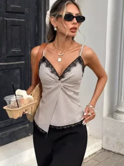 Light Brown Cami Top Straps Neck Woven Asymmetrical Sexy Women Camis