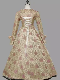 Light Brown Retro Tudor Dress Costumes Women's Floral Print Ruffles Bows Marie Antoinette Costume Polyester Tunic Dress Retro 18th Century Costume