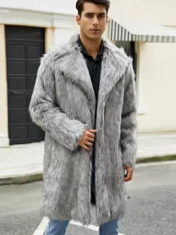 Light Gray Long Men's Faux Fur Coat Winter Warm Long-Sleeved Jacket with Turn-Down Collar