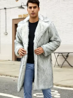 Light Gray Long Men's Faux Fur Coat Winter Warm Long-Sleeved Jacket with Turn-Down Collar
