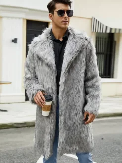 Light Gray Long Men's Faux Fur Coat Winter Warm Long-Sleeved Jacket with Turn-Down Collar