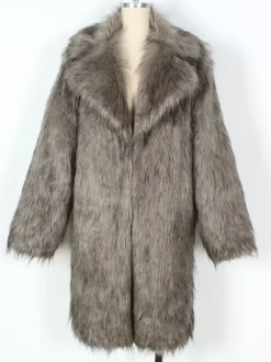 Light Gray Long Men's Faux Fur Coat Winter Warm Long-Sleeved Jacket with Turn-Down Collar