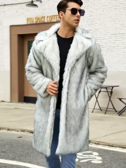 Light Gray Long Men's Faux Fur Coat Winter Warm Long-Sleeved Jacket with Turn-Down Collar