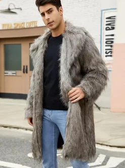 Light Gray Long Men's Faux Fur Coat Winter Warm Long-Sleeved Jacket with Turn-Down Collar