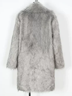 Light Gray Long Men's Faux Fur Coat Winter Warm Long-Sleeved Jacket with Turn-Down Collar