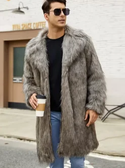 Light Gray Long Men's Faux Fur Coat Winter Warm Long-Sleeved Jacket with Turn-Down Collar
