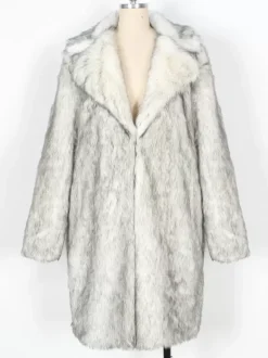 Light Gray Long Men's Faux Fur Coat Winter Warm Long-Sleeved Jacket with Turn-Down Collar