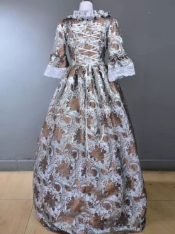 Light Gray Retro Tudor Dress Costumes Ruffles Polyester Floral Print Marie Antoinette Costume Dress Women's Royal Tunic 18th Century Costume