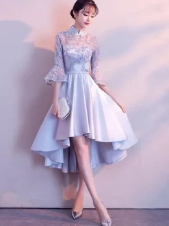 Light Grey Cocktail Dresses Stand Collar Bell Sleeve Short Prom Dress Asymmetrical Graduation Dress