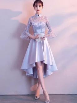 Light Grey Cocktail Dresses Stand Collar Bell Sleeve Short Prom Dress Asymmetrical Graduation Dress