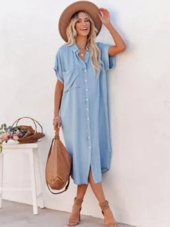 Light Sky Blue Boho Shirt Dress for Women - Short Sleeves Button Down Loose Midi Dress - Summer Casual Everyday 2026