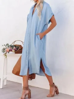 Light Sky Blue Boho Shirt Dress for Women - Short Sleeves Button Down Loose Midi Dress - Summer Casual Everyday 2026