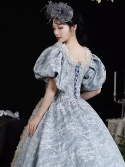 Light Sky Blue Retro Costumes Women's Jacquard Ruffles Lace Polyester Headwear Dress Retro Marie Antoinette Costume Vintage Clothing