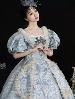 Light Sky Blue Retro Costumes Women's Jacquard Ruffles Lace Polyester Headwear Dress Retro Marie Antoinette Costume Vintage Clothing