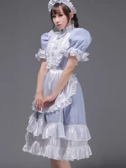 Light Sky Blue Retro Tudor Dress Costumes Women's Ruffles Polyester Tunic Dress Headwear Vintage Marie Antoinette Costume 18th Century Costume