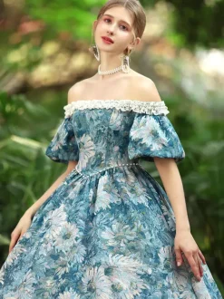 Light Sky Blue Retro Tudor Dress Costumes Women's Floral Print Polyester Dress Gothic Marie Antoinette Costume 18th Century Costume