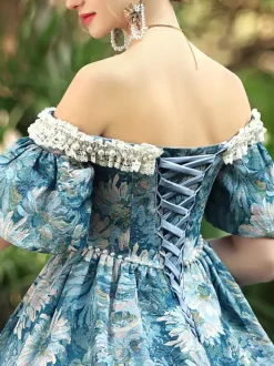 Light Sky Blue Retro Tudor Dress Costumes Women's Floral Print Polyester Dress Gothic Marie Antoinette Costume 18th Century Costume