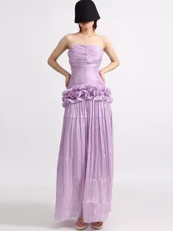 Lilac Strapless Ruched Waist Maxi Dresses For Women