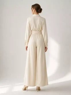 Linen Cotton 2 Piece Set For Women - Elegant Long Sleeves Belted Shirt And Wide Leg Pants - Summer Resort Style 2026