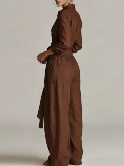 Linen Cotton 2 Piece Set For Women - Elegant Long Sleeves Belted Shirt And Wide Leg Pants - Summer Resort Style 2026