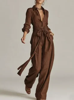 Linen Cotton 2 Piece Set For Women - Elegant Long Sleeves Belted Shirt And Wide Leg Pants - Summer Resort Style 2026