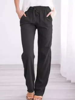Linen Pants Elasric Waist Lace Up Pockets Loose Summer Casual Trousers