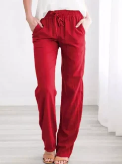 Linen Pants Elasric Waist Lace Up Pockets Loose Summer Casual Trousers