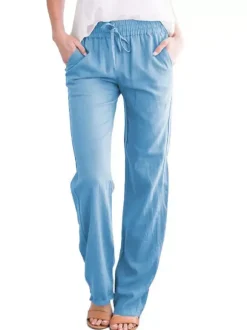 Linen Pants Elasric Waist Lace Up Pockets Loose Summer Casual Trousers