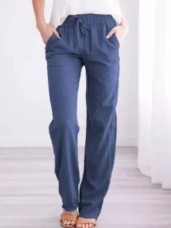 Linen Pants Elasric Waist Lace Up Pockets Loose Summer Casual Trousers