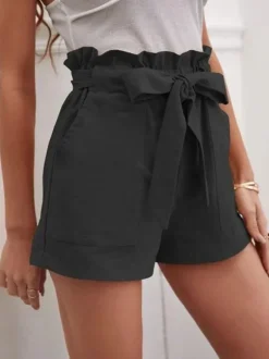Linen Shorts Elastic Waist Bow Tie Pockets Cute Summer Bottoms