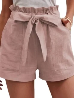 Linen Shorts Elastic Waist Bow Tie Pockets Cute Summer Bottoms