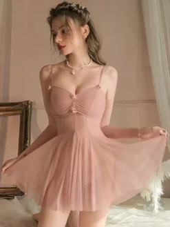 Lingerie Babydolls Chemises Dark Rose Pink Sheer Mesh Shaping Dress Nightgown