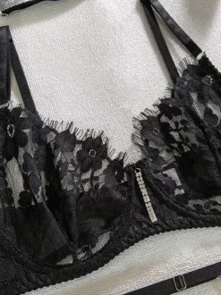 Lingerie Bras Black Rhinestones 3-Piece Bra For Woman