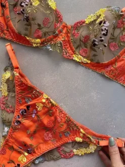 Lingerie Bras Women Bra Orange Lace 2-Piece Sexy Hot Underwear